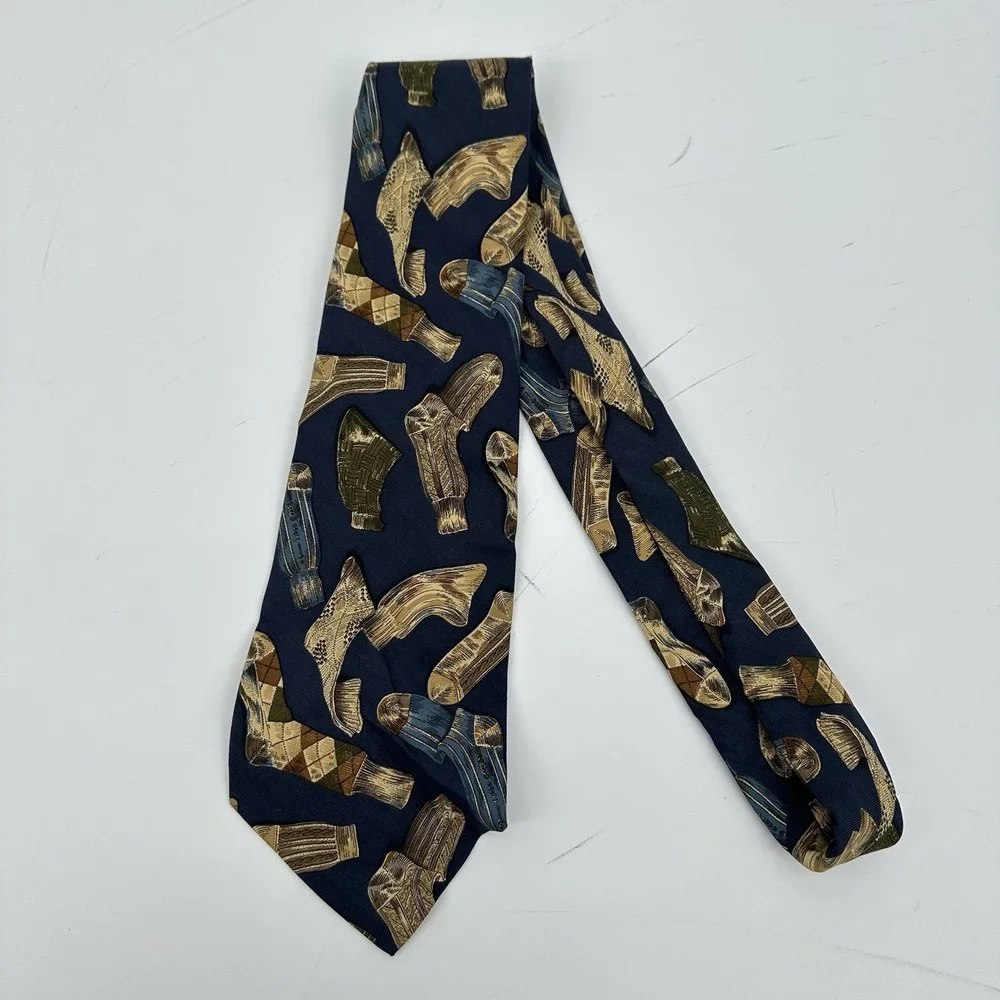 VTG Polo by Ralph Lauren Silk Tie Navy Gold Novelty Sock Print Hand Made In USA